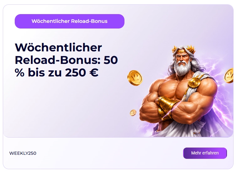 SlotRoyals Casino wöchentlicher Reload-Bonus mit 50 % bis zu 250 €