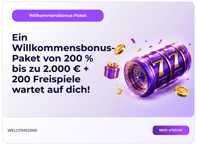 SlotRoyals Casino Willkommensbonus mit 200 % bis 2.000 € und 200 Freispiele