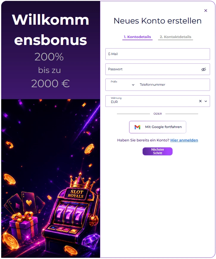 SlotRoyals Casino Registrierung mit E-Mail, Passwort und Kontowährung EUR