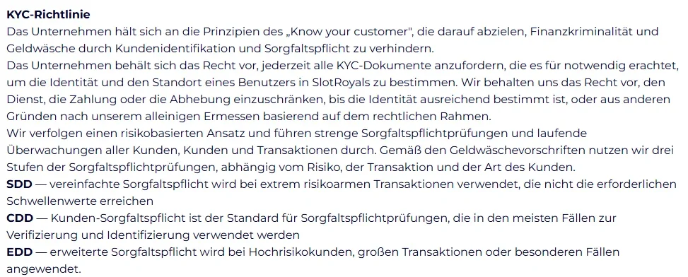 SlotRoyals Casino KYC-Richtlinie mit Informationen zur Kundenverifizierung