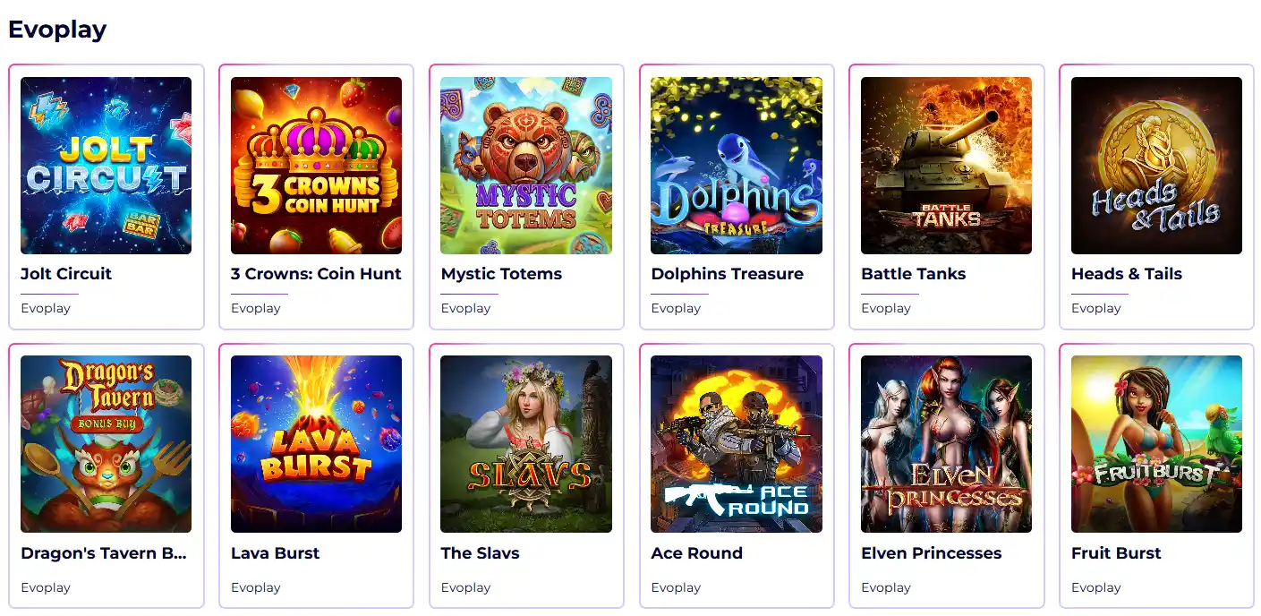 SlotRoyals Casino Spiele von Evoplay mit verschiedenen Spielautomaten